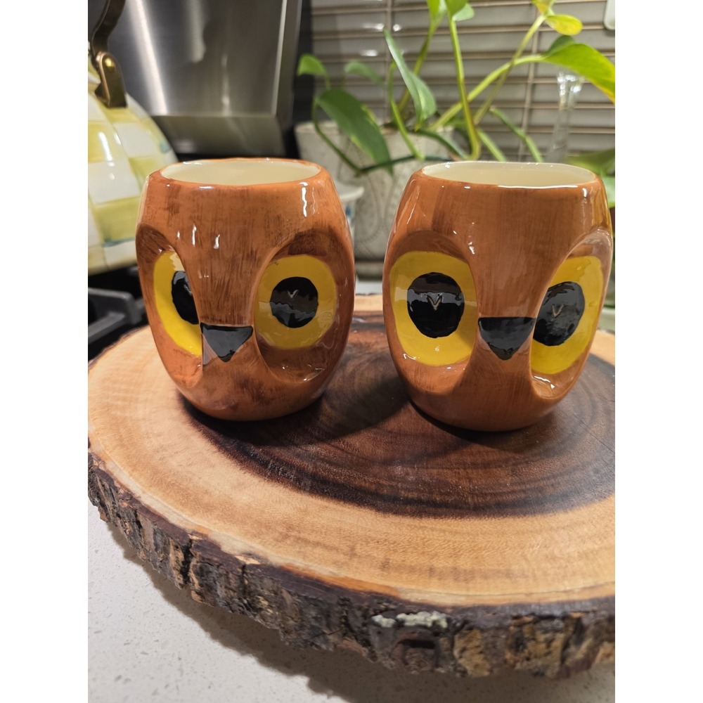 Pair (2) Vintage Owl MCM Ceramic Mug Coffee/Tea Cup Brown